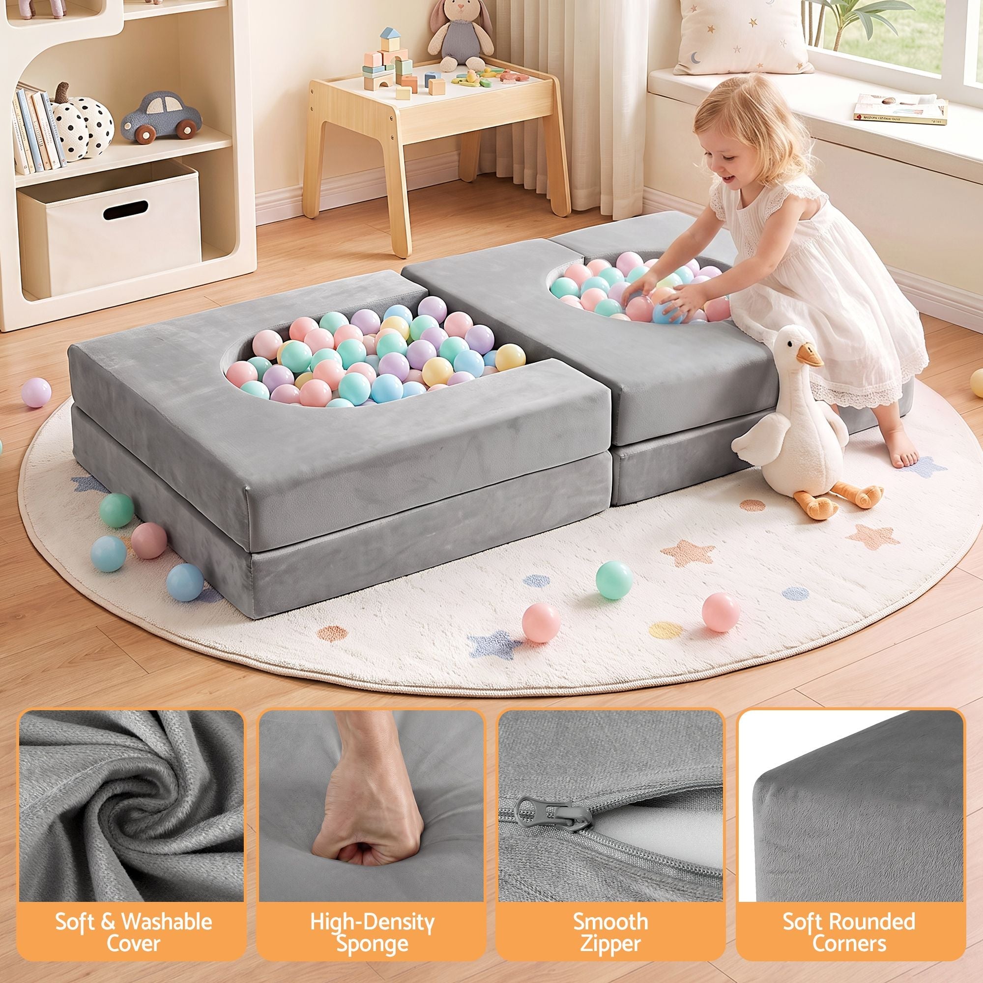 12PCS Modular Kids Play Couch Foam Sofa Set with Removable Washable Cover Grey Playroom - Baby & Kids > Kid's Furniture > Kid's Tables, Chairs & Seats - Rivercity House & Home Co. (ABN 18 642 972 209) - Affordable Modern Furniture Australia