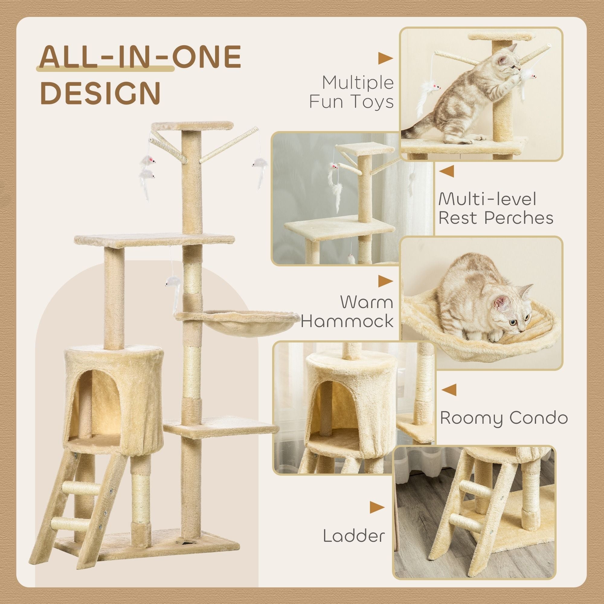 134cm Indoor Cat Tree with Hammock, Plush Perch & Sisal Scratching Posts for Kittens & Adult Cats - Beige - Pet Care > Cat Supplies > Cat Scratching Posts - Rivercity House & Home Co. (ABN 18 642 972 209) - Affordable Modern Furniture Australia