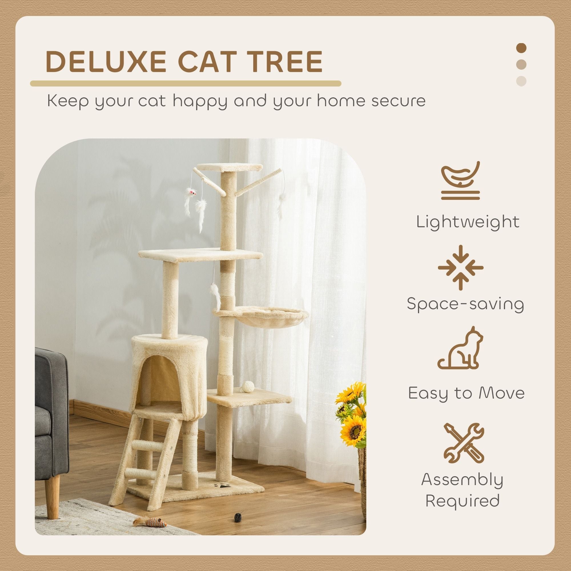 134cm Indoor Cat Tree with Hammock, Plush Perch & Sisal Scratching Posts for Kittens & Adult Cats - Beige - Pet Care > Cat Supplies > Cat Scratching Posts - Rivercity House & Home Co. (ABN 18 642 972 209) - Affordable Modern Furniture Australia