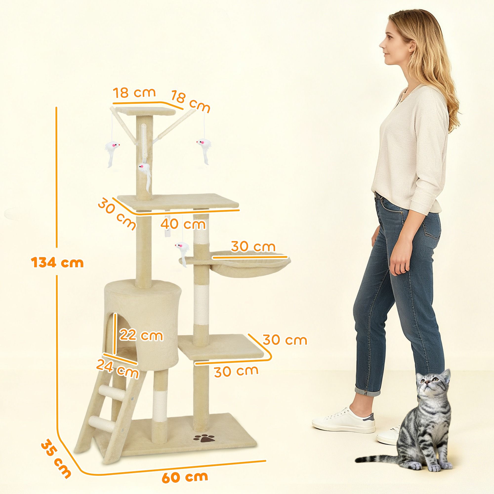 134cm Indoor Cat Tree with Hammock, Plush Perch & Sisal Scratching Posts for Kittens & Adult Cats - Beige - Pet Care > Cat Supplies > Cat Scratching Posts - Rivercity House & Home Co. (ABN 18 642 972 209) - Affordable Modern Furniture Australia