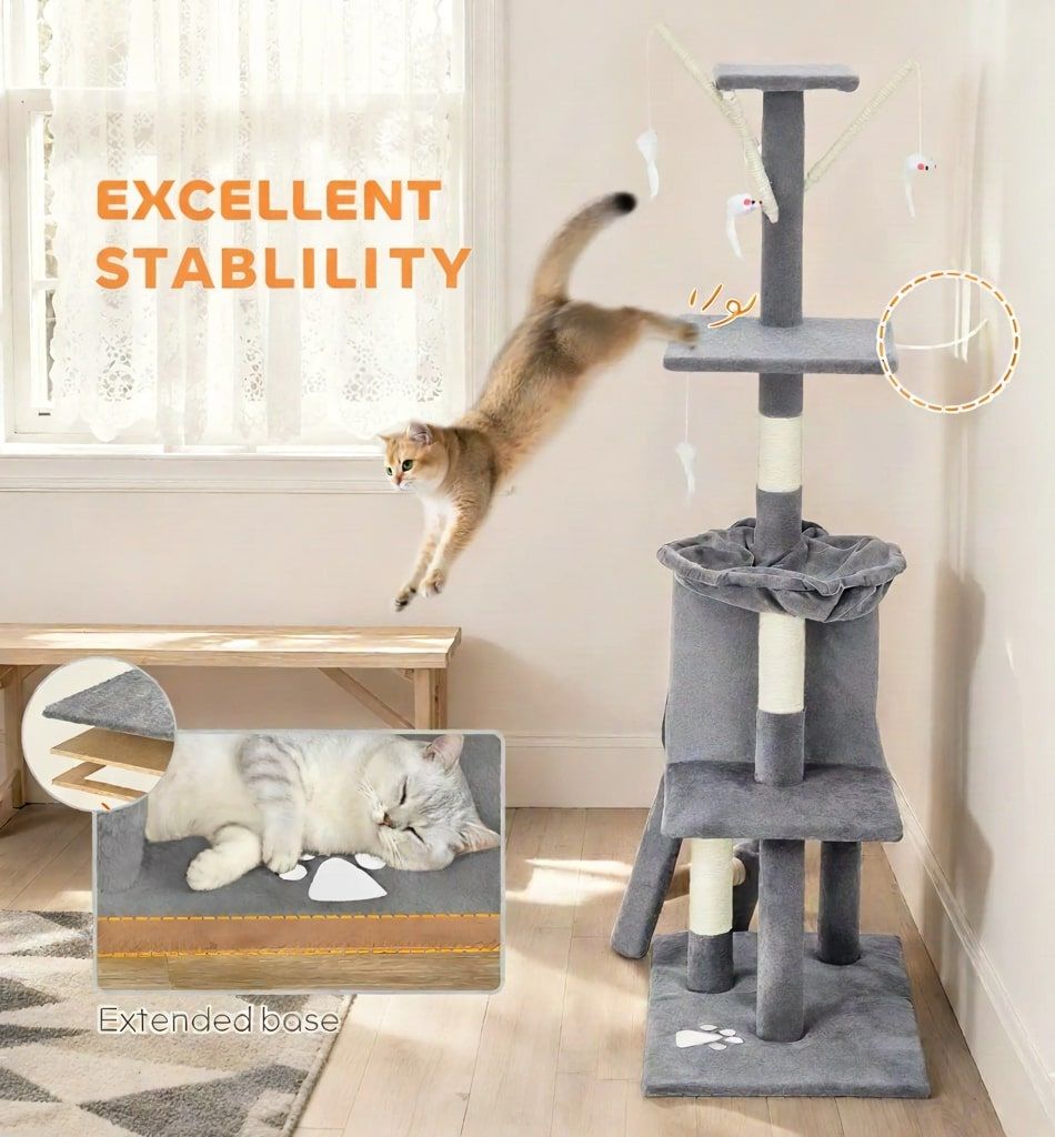 134cm Indoor Cat Tree with Hammock, Plush Perch & Sisal Scratching Posts for Kittens & Adult Cats - Light Grey - Pet Care > Cat Supplies > Cat Scratching Posts - Rivercity House & Home Co. (ABN 18 642 972 209) - Affordable Modern Furniture Australia