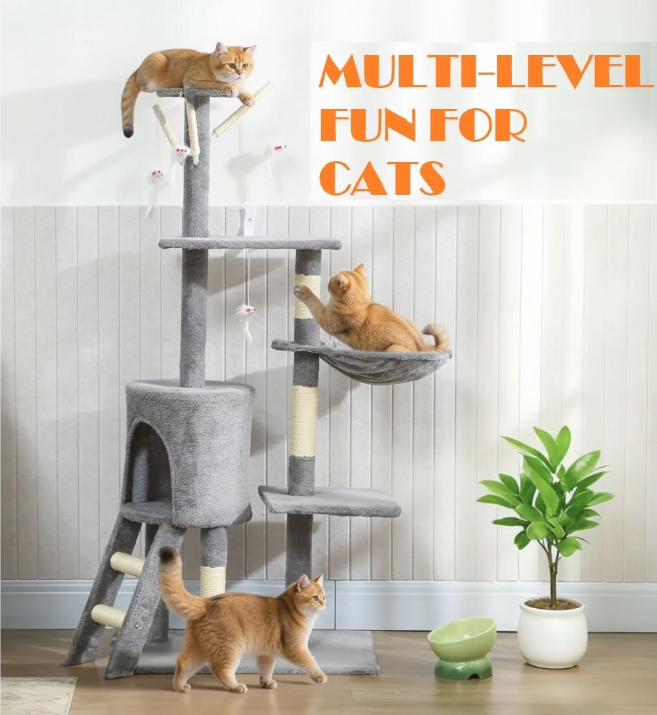 134cm Indoor Cat Tree with Hammock, Plush Perch & Sisal Scratching Posts for Kittens & Adult Cats - Light Grey - Pet Care > Cat Supplies > Cat Scratching Posts - Rivercity House & Home Co. (ABN 18 642 972 209) - Affordable Modern Furniture Australia