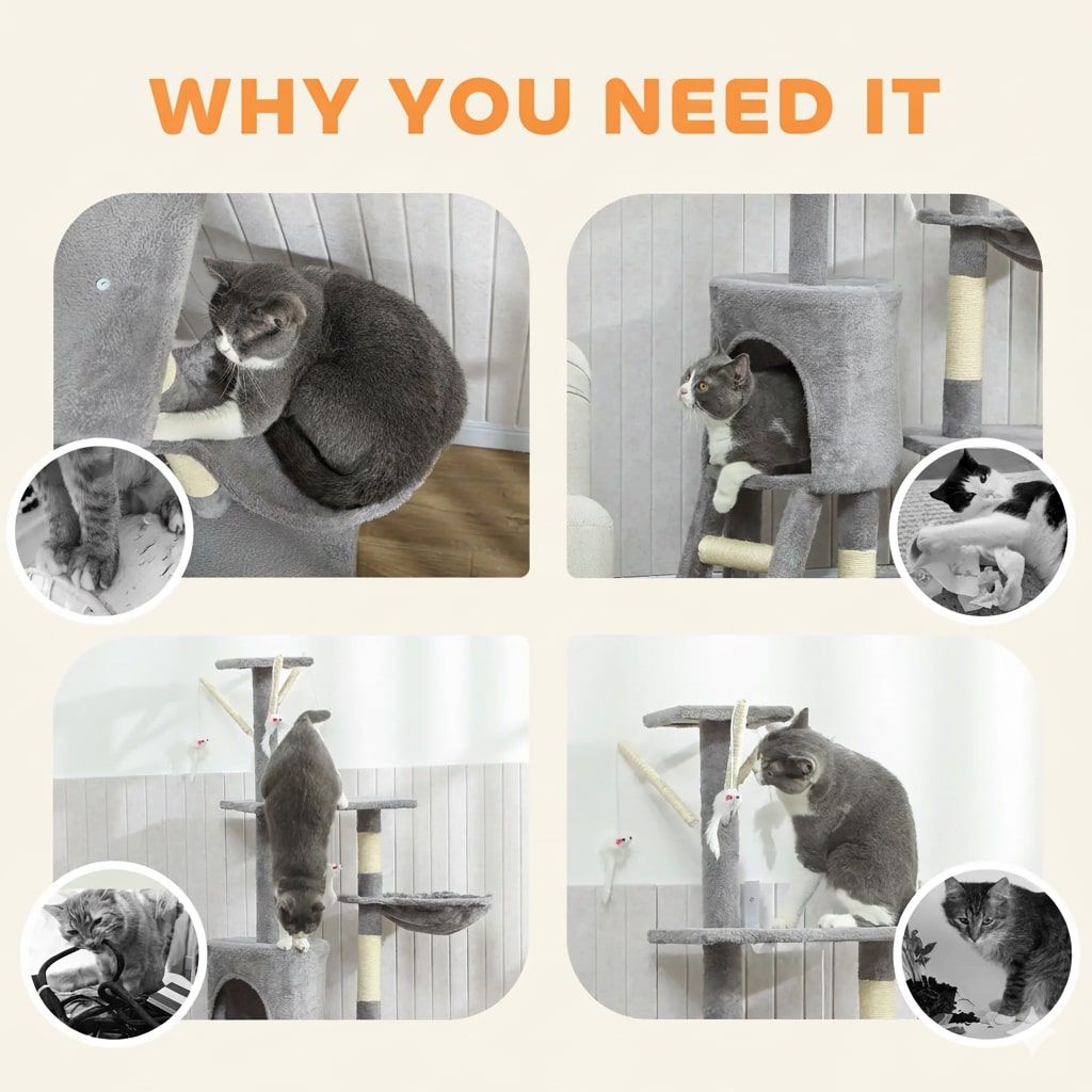 134cm Indoor Cat Tree with Hammock, Plush Perch & Sisal Scratching Posts for Kittens & Adult Cats - Light Grey - Pet Care > Cat Supplies > Cat Scratching Posts - Rivercity House & Home Co. (ABN 18 642 972 209) - Affordable Modern Furniture Australia