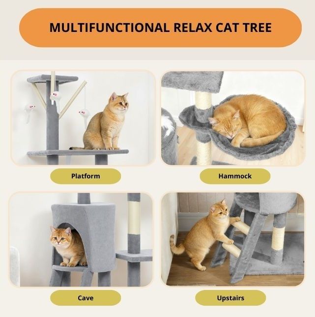 134cm Indoor Cat Tree with Hammock, Plush Perch & Sisal Scratching Posts for Kittens & Adult Cats - Light Grey - Pet Care > Cat Supplies > Cat Scratching Posts - Rivercity House & Home Co. (ABN 18 642 972 209) - Affordable Modern Furniture Australia