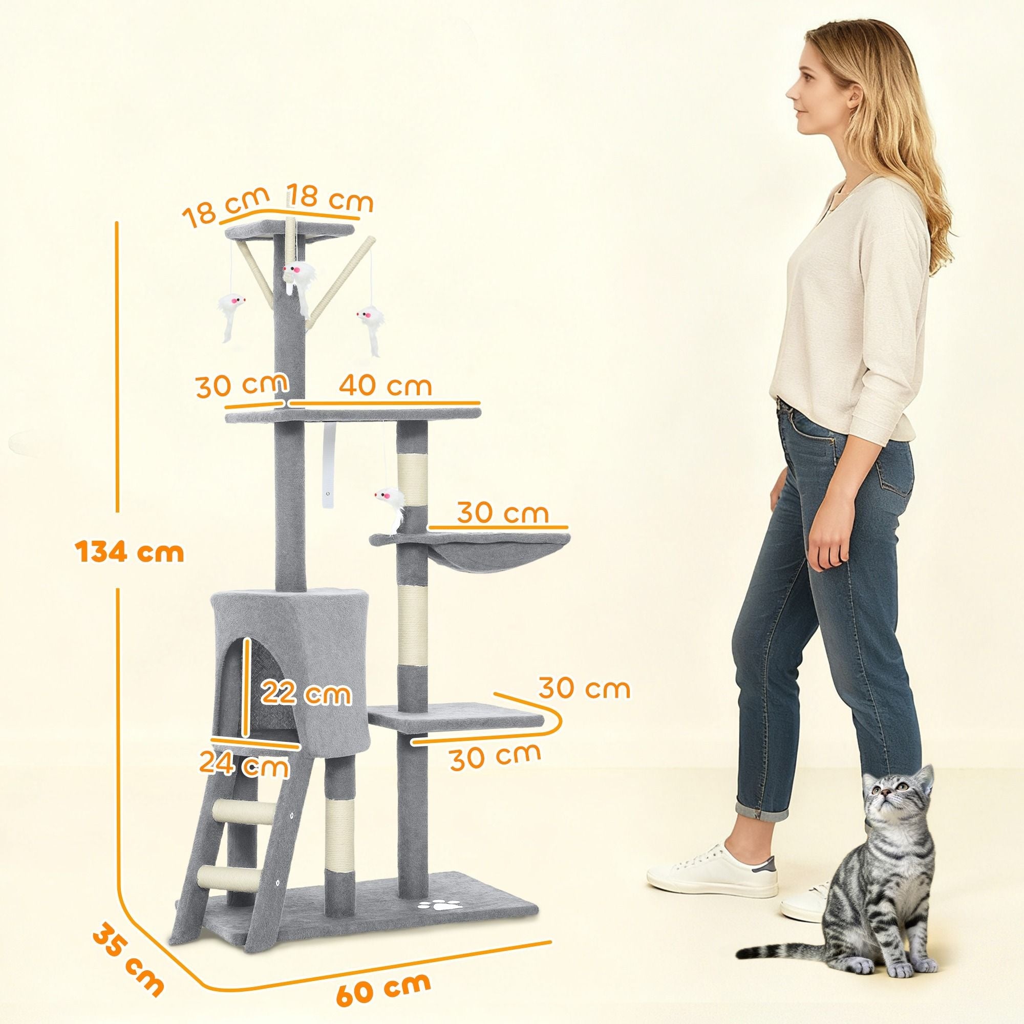 134cm Indoor Cat Tree with Hammock, Plush Perch & Sisal Scratching Posts for Kittens & Adult Cats - Light Grey - Pet Care > Cat Supplies > Cat Scratching Posts - Rivercity House & Home Co. (ABN 18 642 972 209) - Affordable Modern Furniture Australia