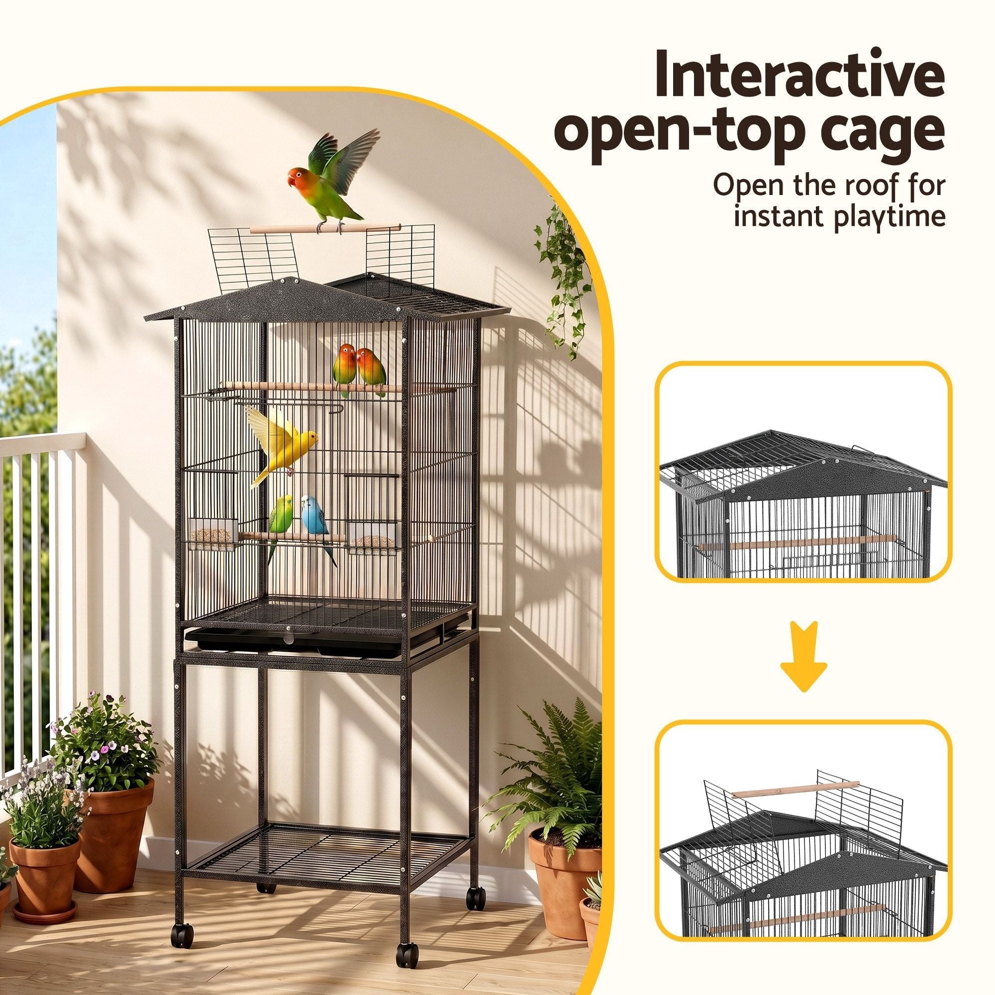 136cm Bird Cage Aviary Open Top Parrot Budgie Stand Wheels Black - Pet Care > Bird > Bird Cages & Stands - Rivercity House & Home Co. (ABN 18 642 972 209) - Affordable Modern Furniture Australia