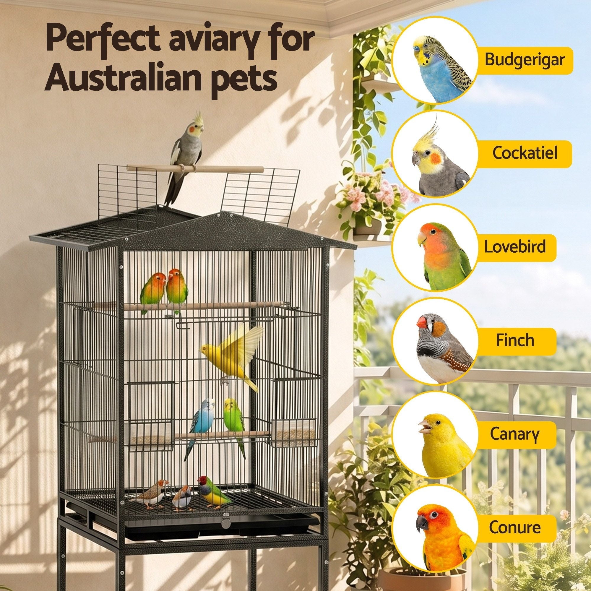 136cm Bird Cage Aviary Open Top Parrot Budgie Stand Wheels Black - Pet Care > Bird > Bird Cages & Stands - Rivercity House & Home Co. (ABN 18 642 972 209) - Affordable Modern Furniture Australia