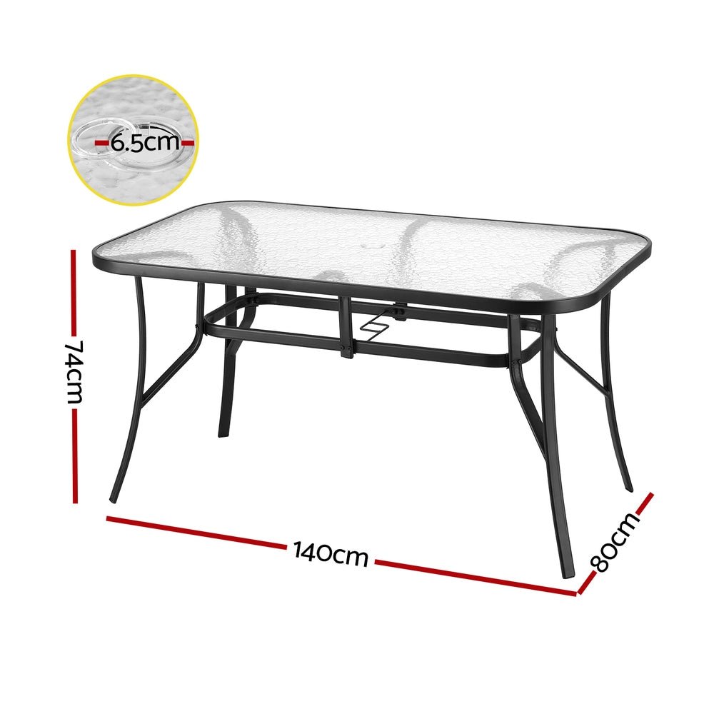 140CM Outdoor Dining Table Steel Frame Tempered Glass Parasol Hole Black - Furniture > Outdoor > Outdoor Tables - Rivercity House & Home Co. (ABN 18 642 972 209) - Affordable Modern Furniture Australia