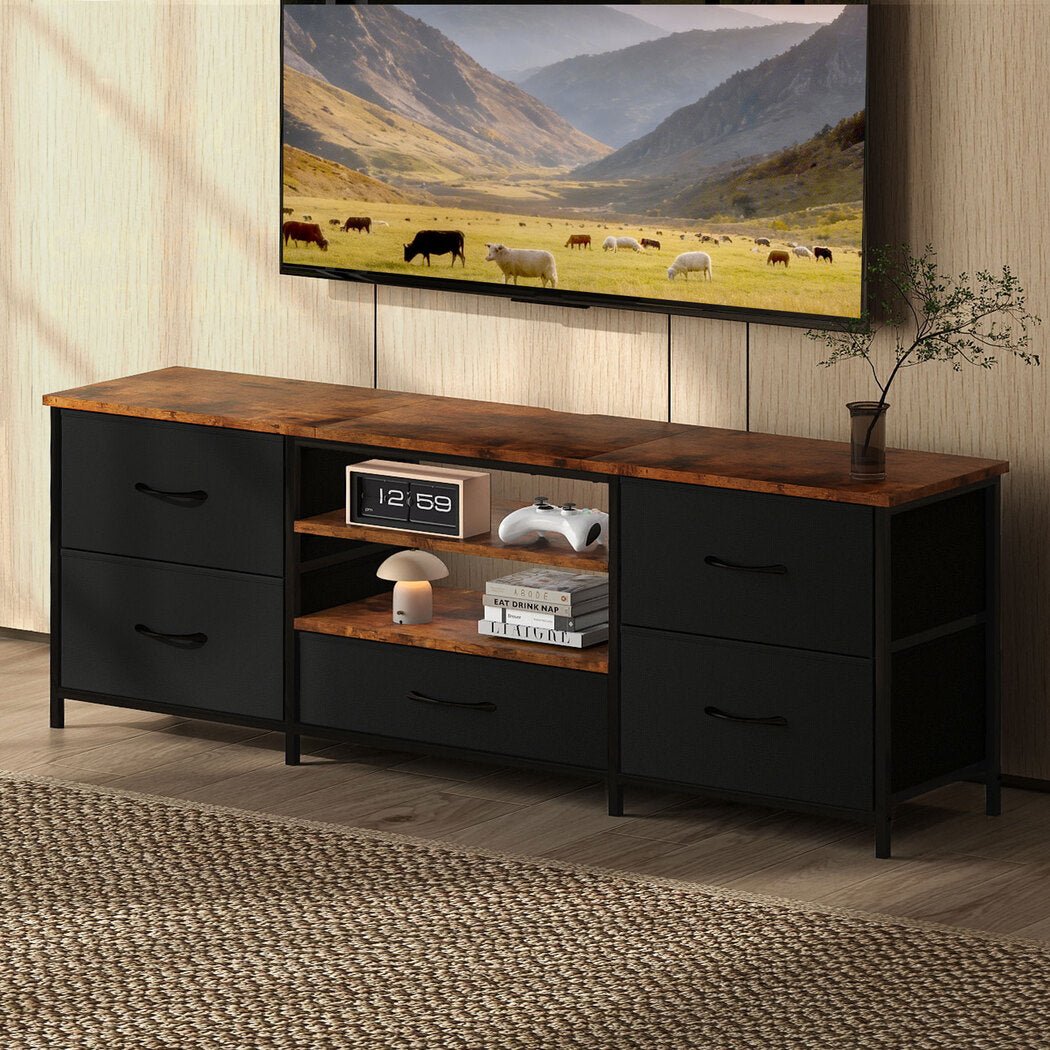 140cm TV Stand Cabinet with 5 Drawers and Storage Shelves - Tiger Wood Brown - Rivercity House & Home Co. (ABN 18 642 972 209) - Affordable Modern Furniture Australia
