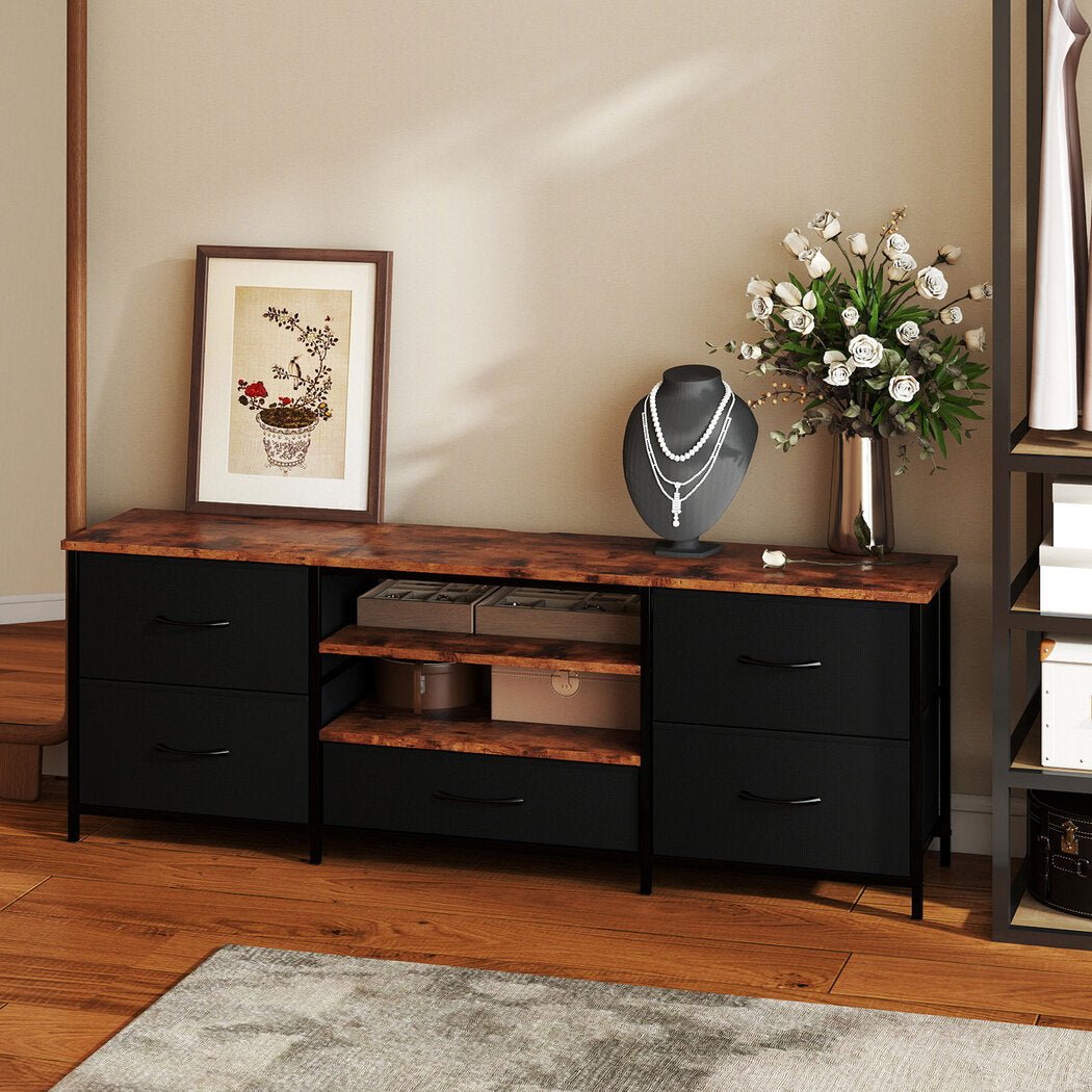 140cm TV Stand Cabinet with 5 Drawers and Storage Shelves - Tiger Wood Brown - Rivercity House & Home Co. (ABN 18 642 972 209) - Affordable Modern Furniture Australia