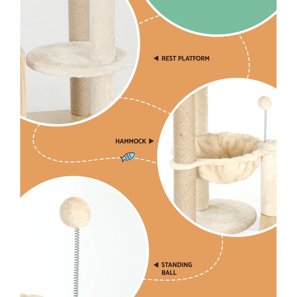 141cm Cat Tree Tower with Scratching Post, Bed, Condo, Ladder and Toys - Beige - Pet Care > Cat Supplies > Cat Scratching Posts - Rivercity House & Home Co. (ABN 18 642 972 209) - Affordable Modern Furniture Australia