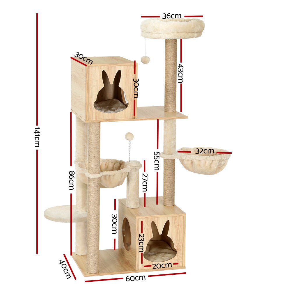 141cm Cat Tree Tower with Scratching Post, Bed, Condo, Ladder and Toys - Beige - Pet Care > Cat Supplies > Cat Scratching Posts - Rivercity House & Home Co. (ABN 18 642 972 209) - Affordable Modern Furniture Australia