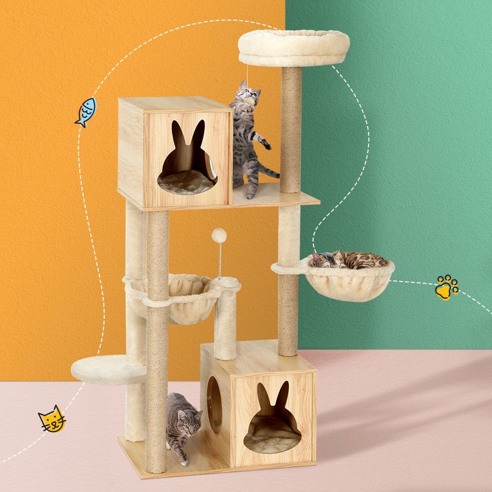 141cm Cat Tree Tower with Scratching Post, Bed, Condo, Ladder and Toys - Beige - Pet Care > Cat Supplies > Cat Scratching Posts - Rivercity House & Home Co. (ABN 18 642 972 209) - Affordable Modern Furniture Australia