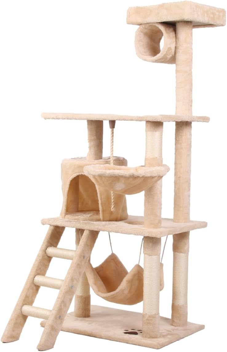 141cm Indoor Cat Tree Tower with Plush Perch, Ladder, Sisal Scratching Posts, Hammock & Condo for Kittens & Adult Cats - Beige - Pet Care > Cat Supplies > Cat Scratching Posts - Rivercity House & Home Co. (ABN 18 642 972 209) - Affordable Modern Furniture Australia