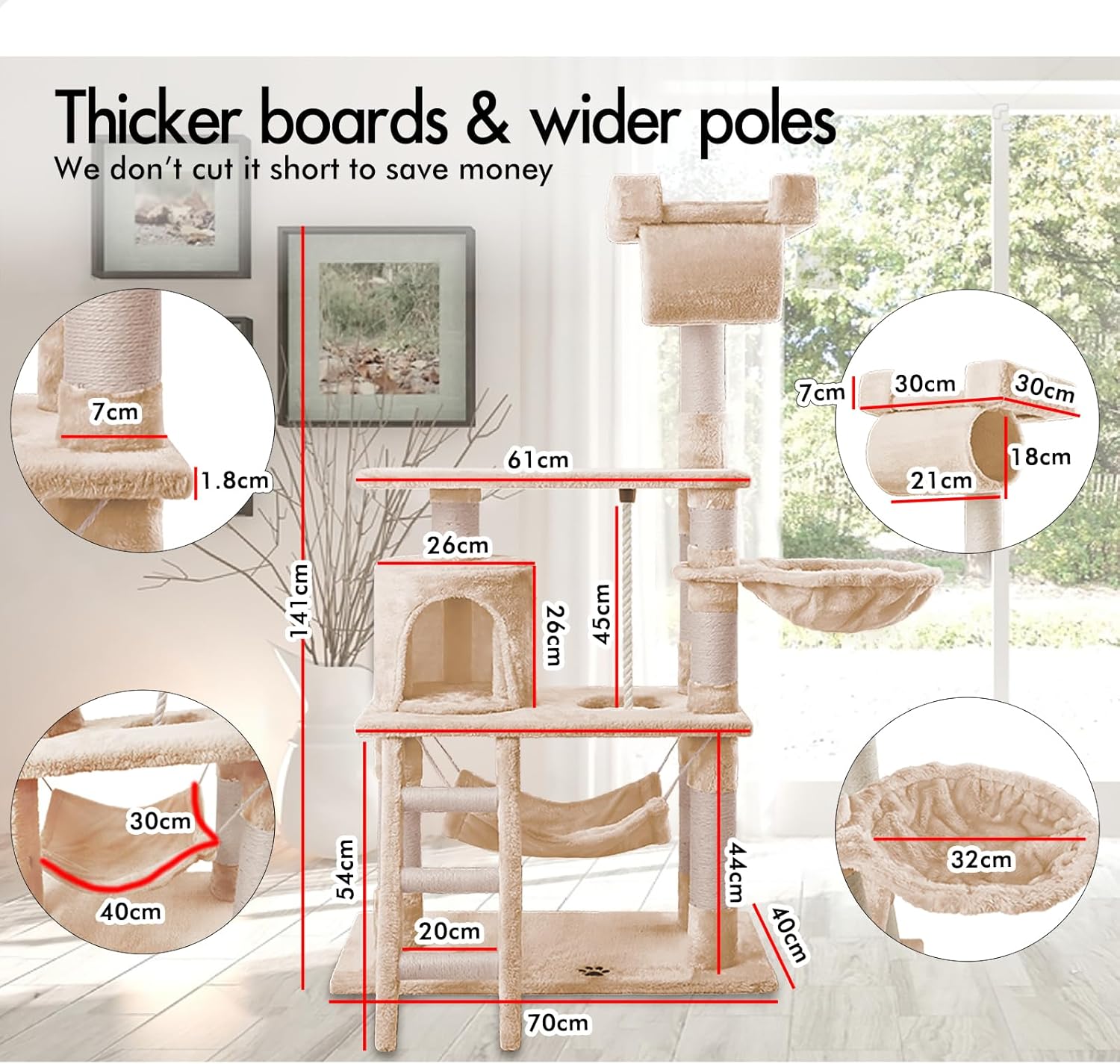 141cm Indoor Cat Tree Tower with Plush Perch, Ladder, Sisal Scratching Posts, Hammock & Condo for Kittens & Adult Cats - Beige - Pet Care > Cat Supplies > Cat Scratching Posts - Rivercity House & Home Co. (ABN 18 642 972 209) - Affordable Modern Furniture Australia