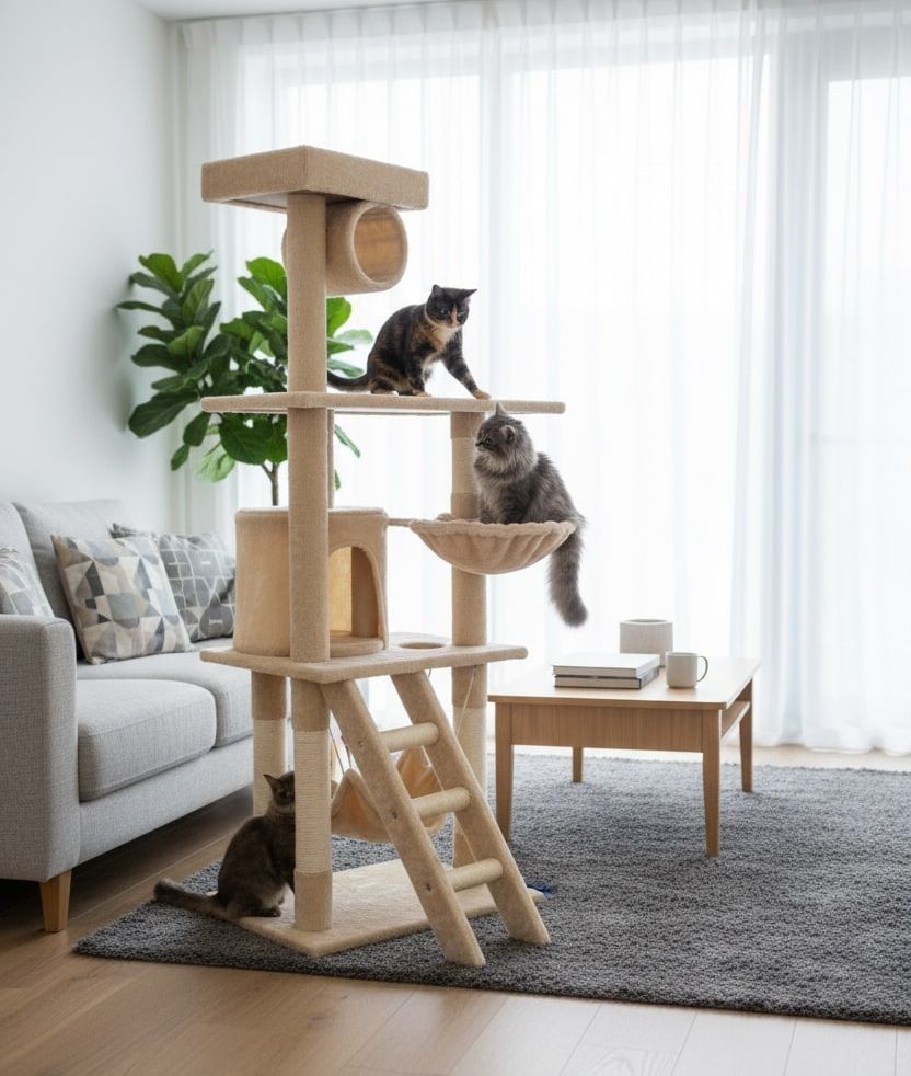 141cm Indoor Cat Tree Tower with Plush Perch, Ladder, Sisal Scratching Posts, Hammock & Condo for Kittens & Adult Cats - Beige - Pet Care > Cat Supplies > Cat Scratching Posts - Rivercity House & Home Co. (ABN 18 642 972 209) - Affordable Modern Furniture Australia