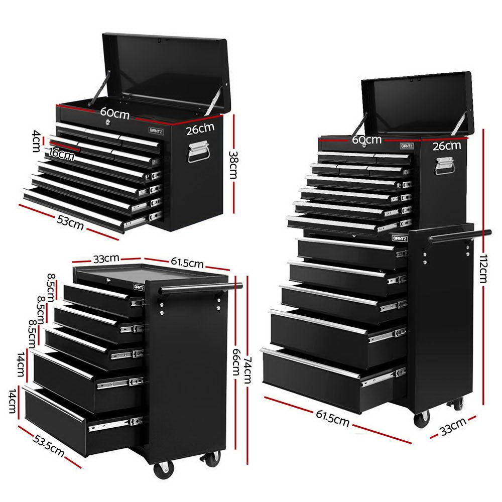 15 Drawers Tool Chest Trolley Toolbox 2 - in - 1 Storage Black - Tools > Tools Storage > Tool Boxes - Rivercity House & Home Co. (ABN 18 642 972 209) - Affordable Modern Furniture Australia