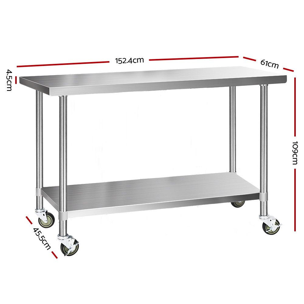 1524x610mm Stainless Steel Kitchen Bench with Wheels 304 - Furniture > Dining > Kitchen Sinks - Rivercity House & Home Co. (ABN 18 642 972 209) - Affordable Modern Furniture Australia