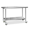 1524x610mm Stainless Steel Kitchen Bench with Wheels and Adjustable Shelf - Silver
