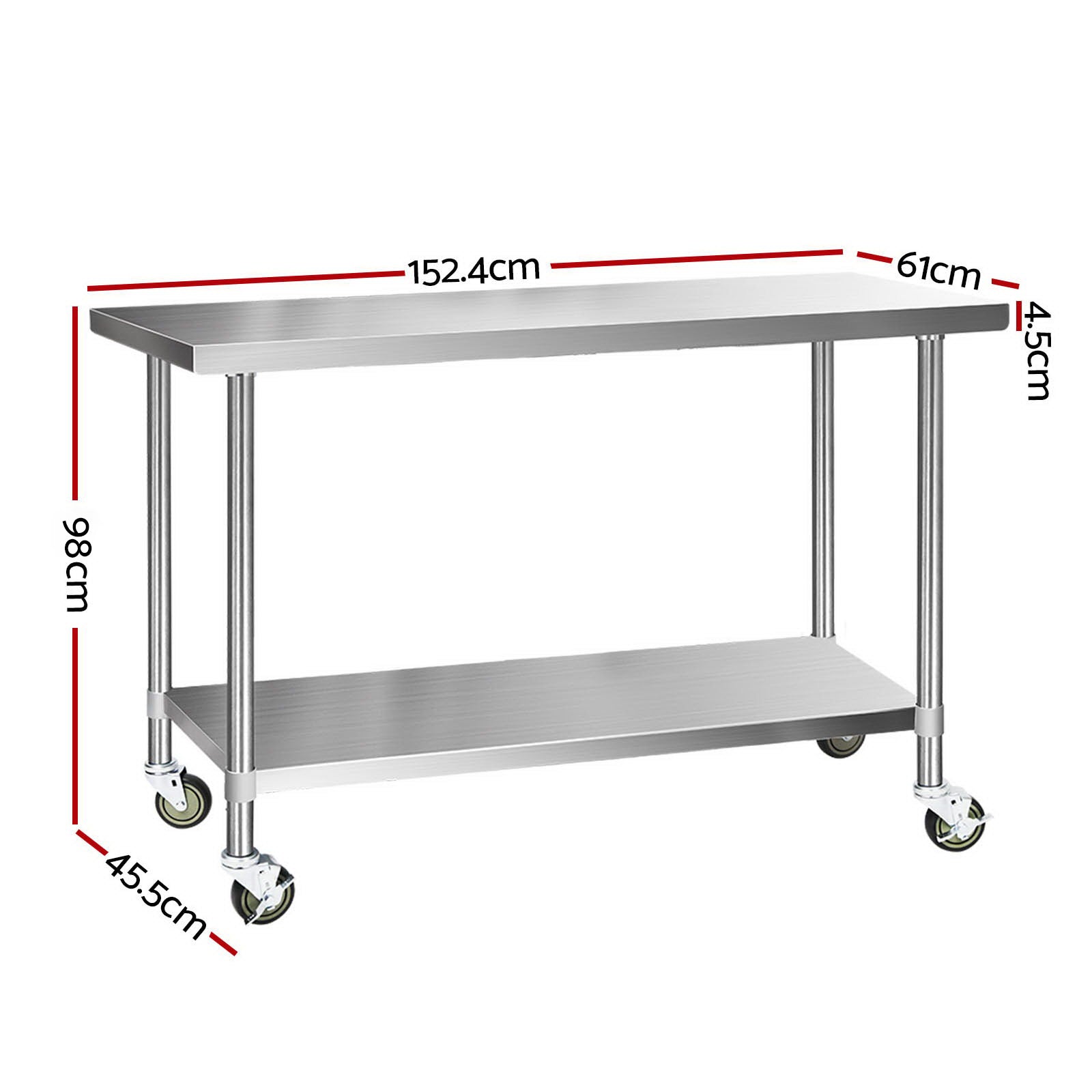 1524x610mm Stainless Steel Kitchen Bench with Wheels 430 - Furniture > Dining > Kitchen Sinks - Rivercity House & Home Co. (ABN 18 642 972 209) - Affordable Modern Furniture Australia