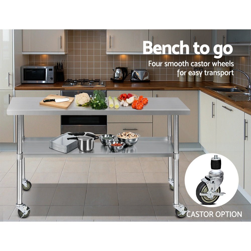 1524x610mm Stainless Steel Kitchen Bench with Wheels 430 - Furniture > Dining > Kitchen Sinks - Rivercity House & Home Co. (ABN 18 642 972 209) - Affordable Modern Furniture Australia