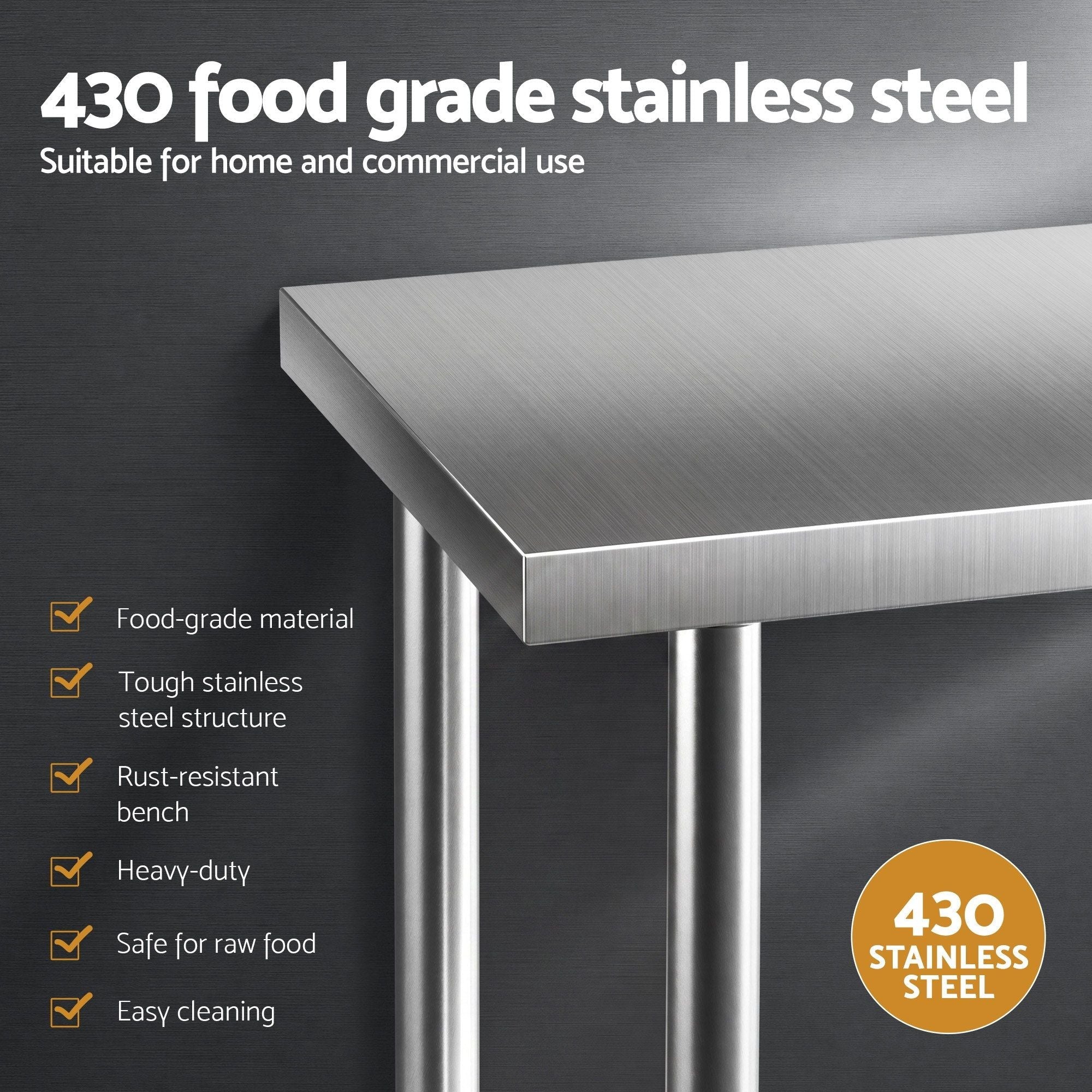 1524x762mm Stainless Steel Commercial Kitchen Bench with Splashback 430 - Stainless Steel - Furniture > Dining > Kitchen Sinks - Rivercity House & Home Co. (ABN 18 642 972 209) - Affordable Modern Furniture Australia