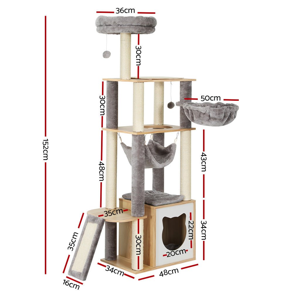 152cm Cat Tree Tower with Scratching Post, Bed, Condo, Ladder & Toys - Beige Grey - Pet Care > Cat Supplies > Cat Scratching Posts - Rivercity House & Home Co. (ABN 18 642 972 209) - Affordable Modern Furniture Australia