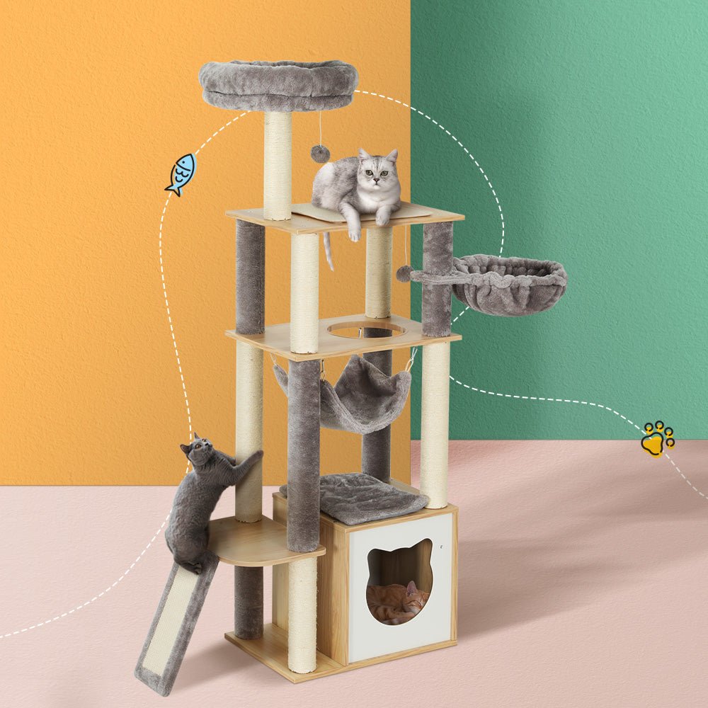 152cm Cat Tree Tower with Scratching Post, Bed, Condo, Ladder & Toys - Beige Grey - Pet Care > Cat Supplies > Cat Scratching Posts - Rivercity House & Home Co. (ABN 18 642 972 209) - Affordable Modern Furniture Australia