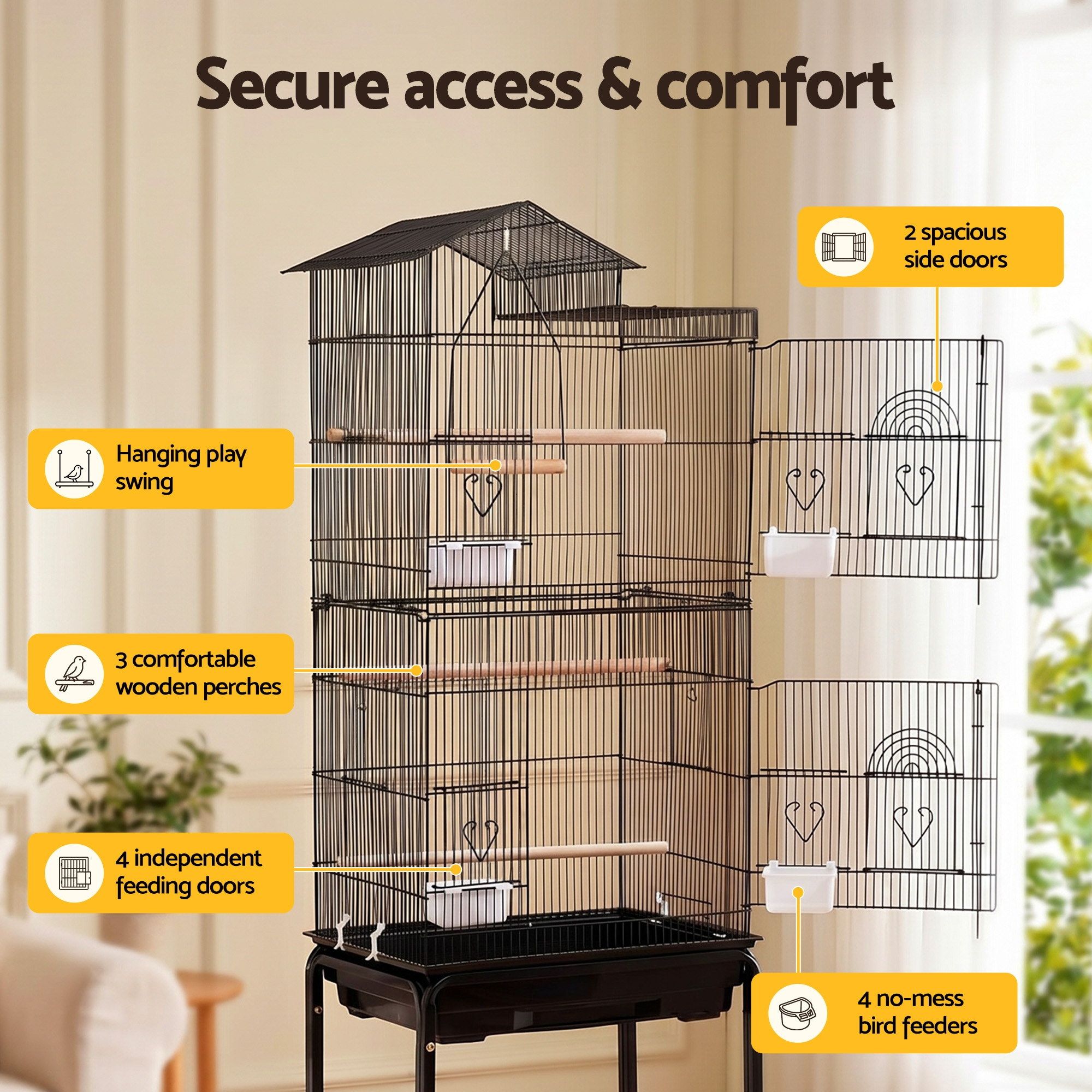 158cm Bird Cage Aviary Parrot Budgie Stand with Wheels - Black - Pet Care > Bird > Bird Cage Accessories - Rivercity House & Home Co. (ABN 18 642 972 209) - Affordable Modern Furniture Australia
