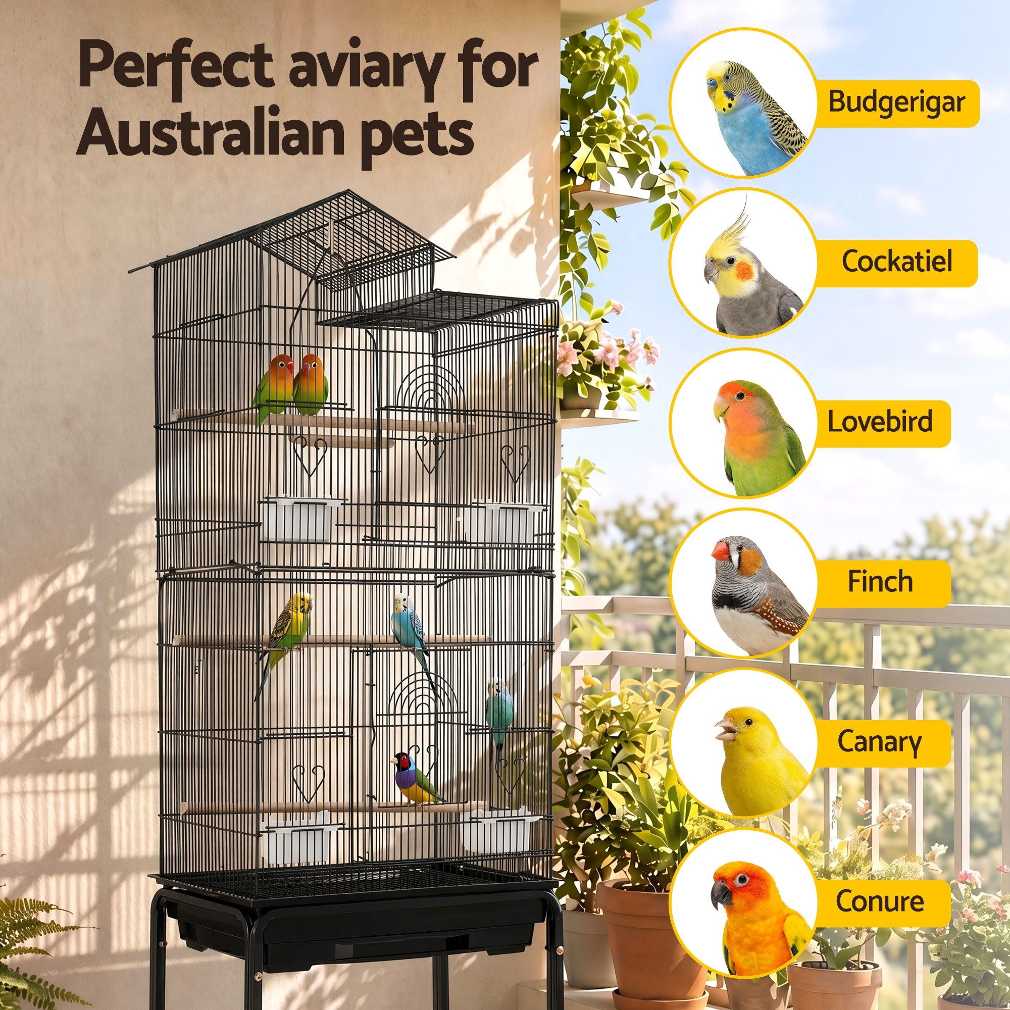 158cm Bird Cage Aviary Parrot Budgie Stand with Wheels - Black - Pet Care > Bird > Bird Cage Accessories - Rivercity House & Home Co. (ABN 18 642 972 209) - Affordable Modern Furniture Australia