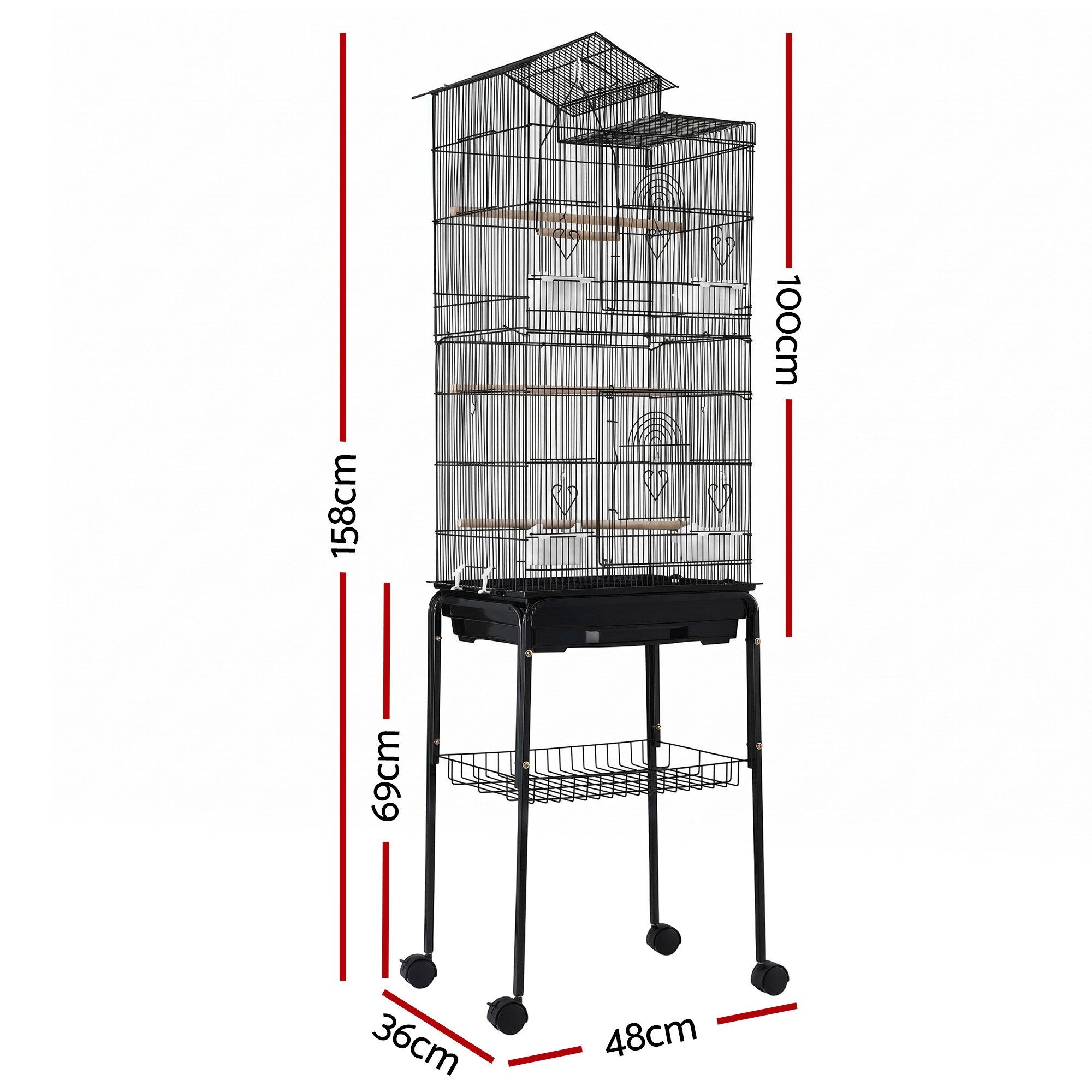 158cm Bird Cage Aviary Parrot Budgie Stand with Wheels - Black - Pet Care > Bird > Bird Cage Accessories - Rivercity House & Home Co. (ABN 18 642 972 209) - Affordable Modern Furniture Australia