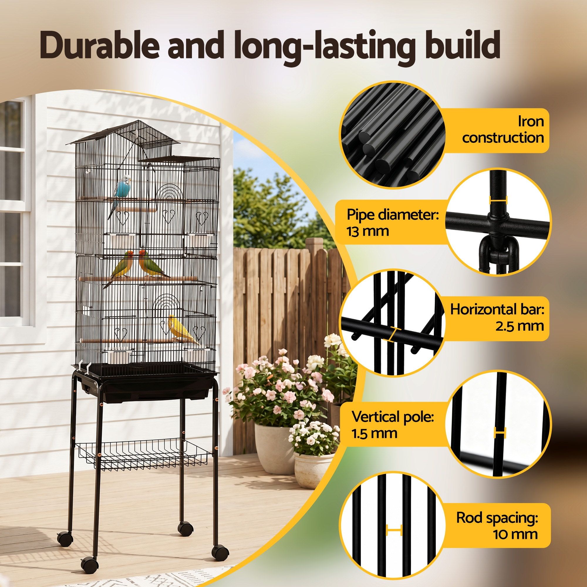 158cm Bird Cage Aviary Parrot Budgie Stand with Wheels - Black - Pet Care > Bird > Bird Cage Accessories - Rivercity House & Home Co. (ABN 18 642 972 209) - Affordable Modern Furniture Australia