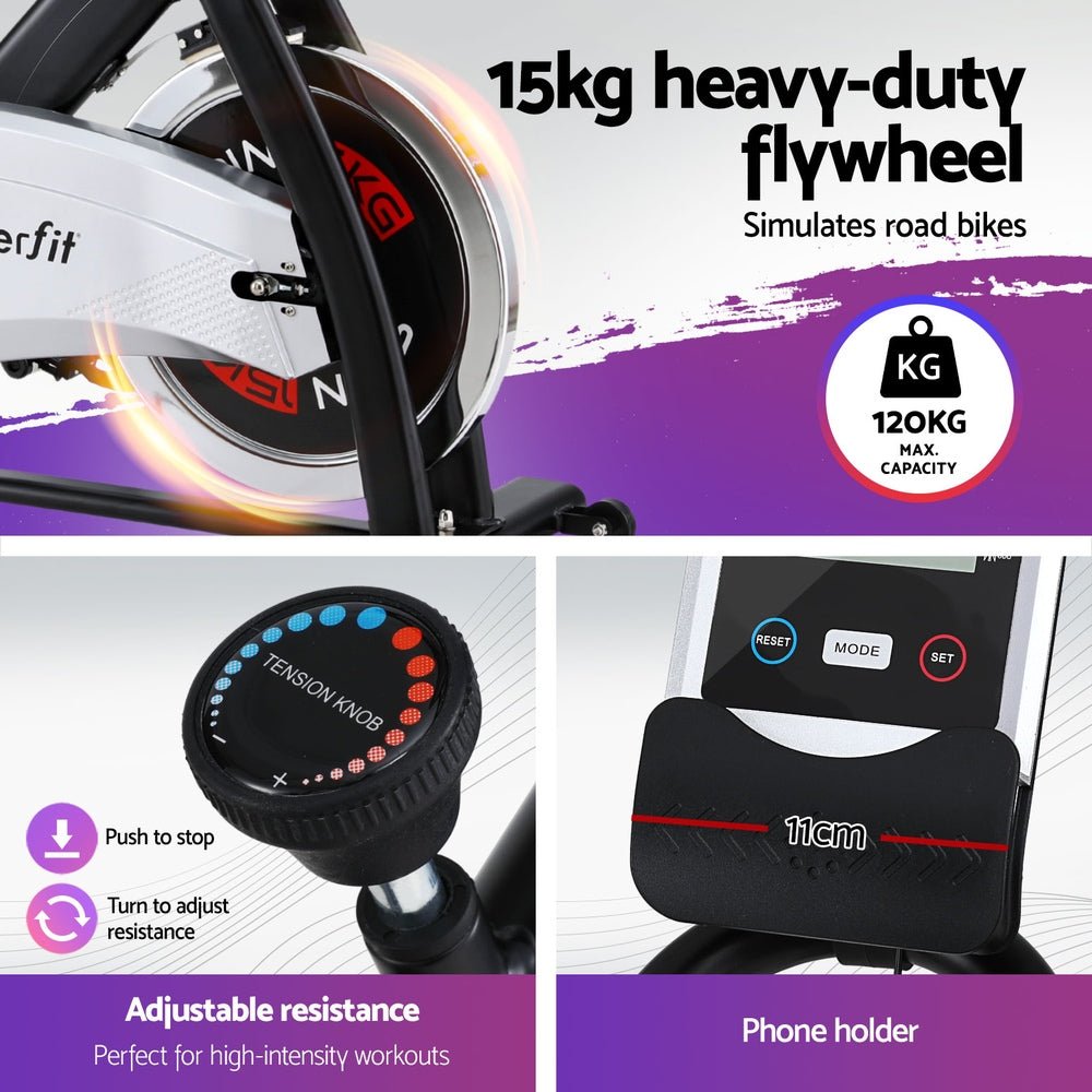 15kg Flywheel Spin Exercise Bike with 120kg Capacity - Black - Sports & Fitness > Exercise, Gym & Fitness > Exercise Bikes - Rivercity House & Home Co. (ABN 18 642 972 209) - Affordable Modern Furniture Australia