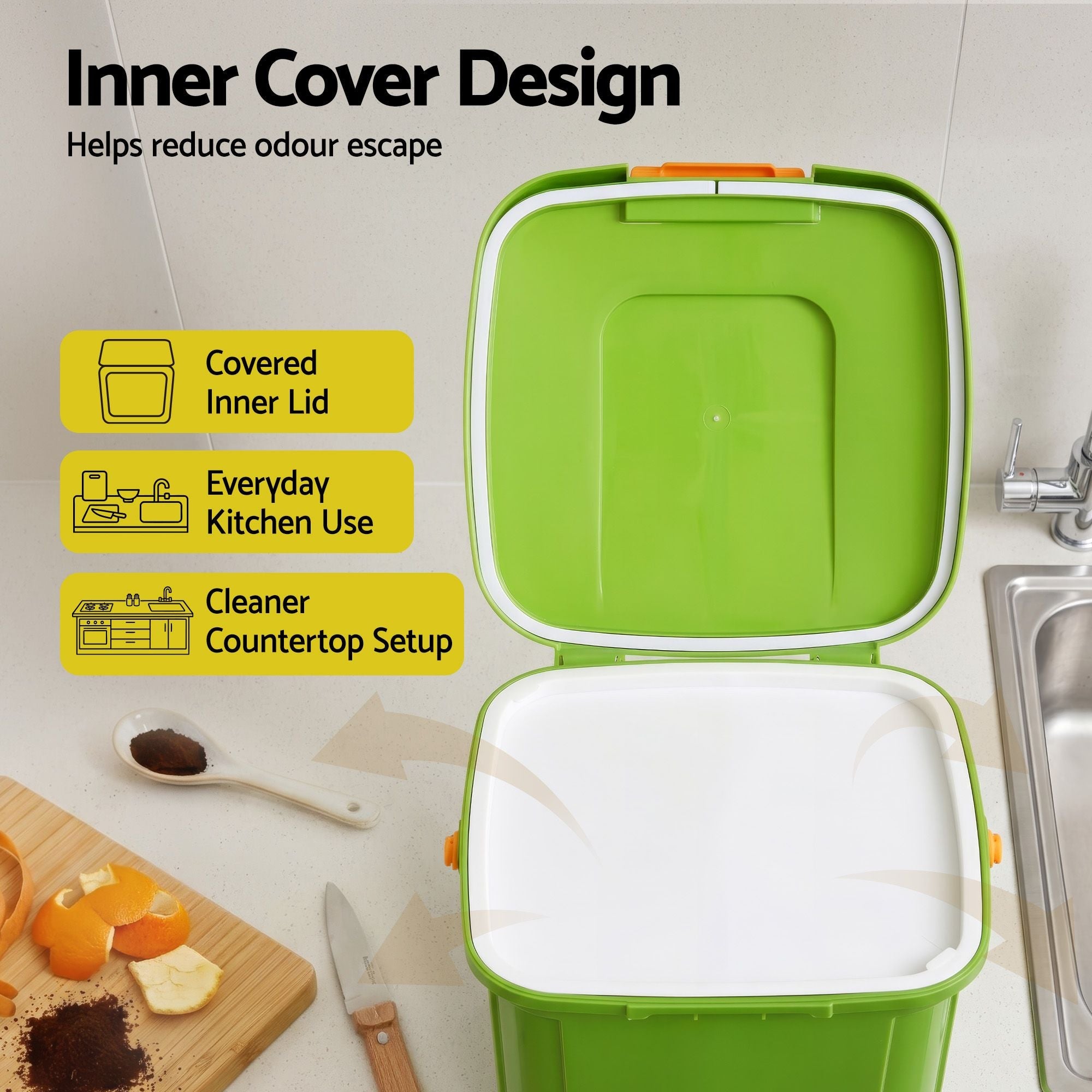 15L Kitchen Compost Bin with Drain Tap and 3-Compartment Sorting - Green - Home & Garden > Garden Tools > Gardening Accessories - Rivercity House & Home Co. (ABN 18 642 972 209) - Affordable Modern Furniture Australia