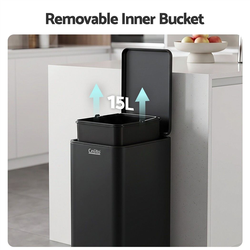 15L Slim Pedal Rubbish Bin with Soft-Closing Lid and Removable Inner Bucket - Black - Home & Garden > Kitchen Bins > Pedal Bins - Rivercity House & Home Co. (ABN 18 642 972 209) - Affordable Modern Furniture Australia