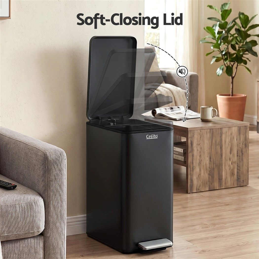 15L Slim Pedal Rubbish Bin with Soft-Closing Lid and Removable Inner Bucket - Black - Home & Garden > Kitchen Bins > Pedal Bins - Rivercity House & Home Co. (ABN 18 642 972 209) - Affordable Modern Furniture Australia