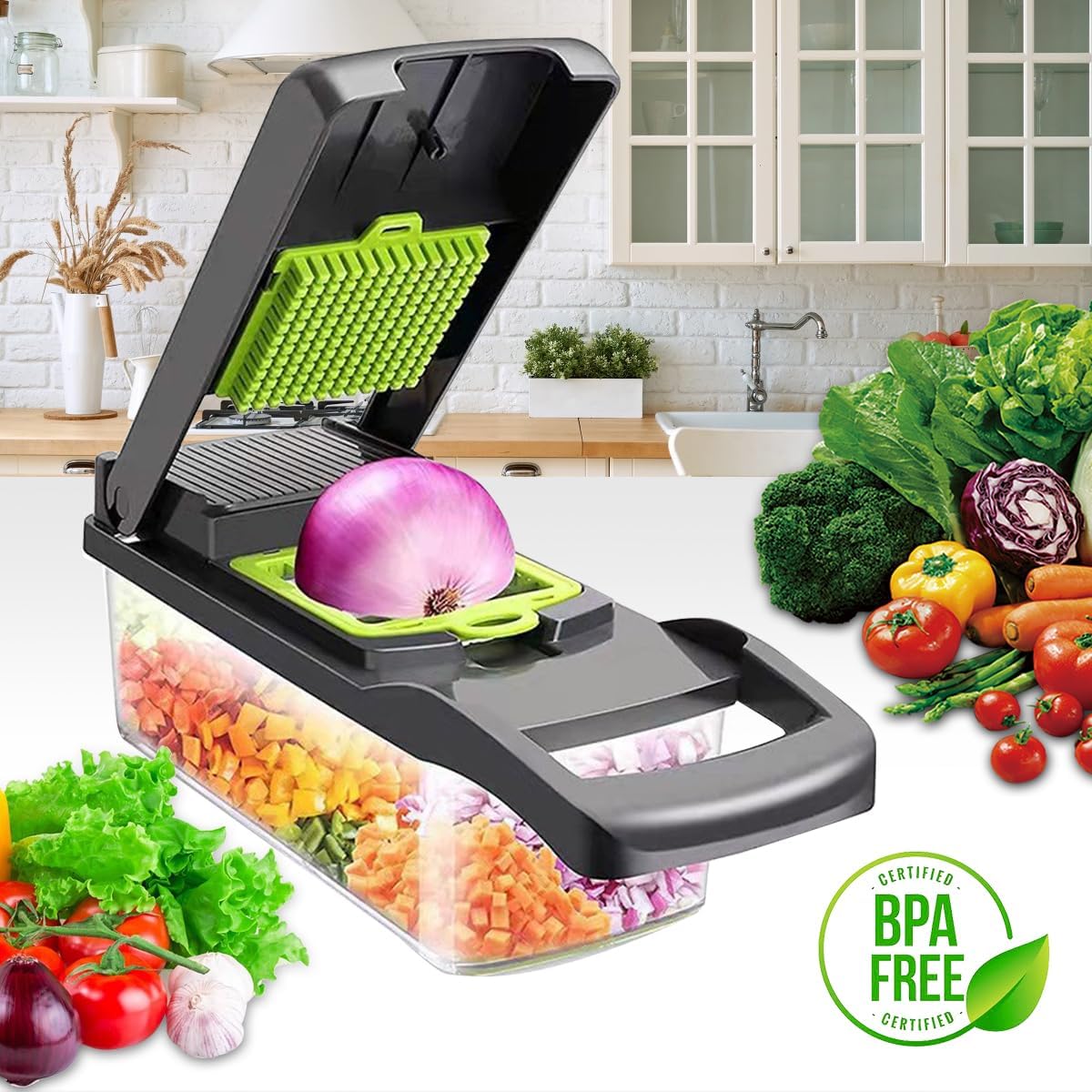 16 - in - 1 Multifunctional Mandoline Vegetable Chopper with Stainless Steel Blades, Storage Container & Hand Guard - White - Home & Garden > Artificial Plants > Pots, Planters & Accessories - Rivercity House & Home Co. (ABN 18 642 972 209) - Affordable Modern Furniture Australia