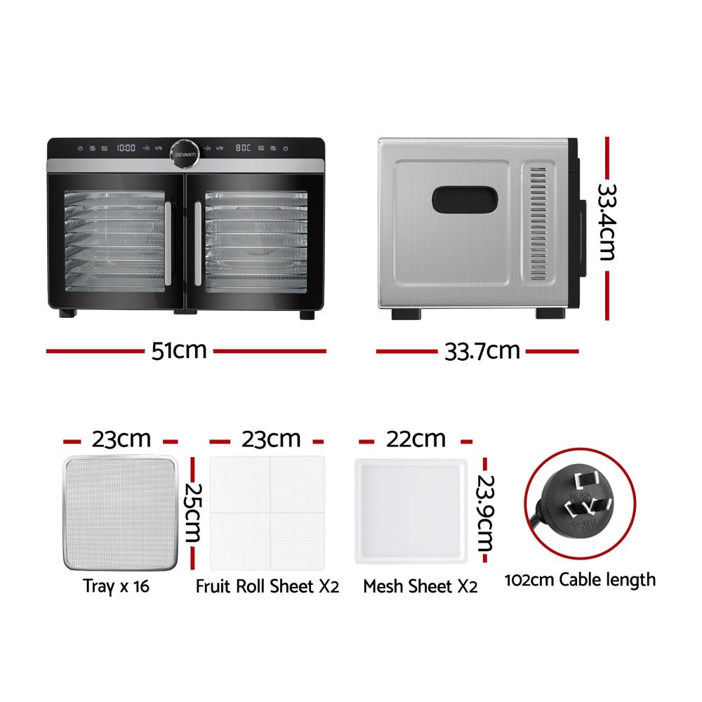 16 Trays Food Dehydrator Dual - Zone Stainless Steel - Appliances > Kitchen Appliances > Food Dehydrators - Rivercity House & Home Co. (ABN 18 642 972 209) - Affordable Modern Furniture Australia