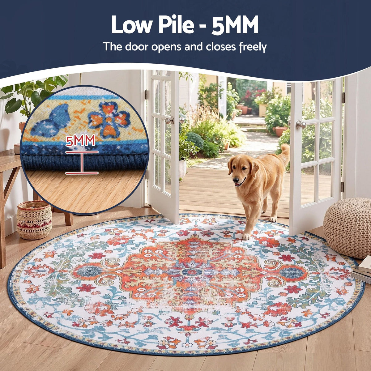 160 cm Round Ultra Thin Silicone Grip Rug for Living Room Bedroom Entryway - Vintage Boho - Home & Garden > Rugs > Round Rugs - Rivercity House & Home Co. (ABN 18 642 972 209) - Affordable Modern Furniture Australia