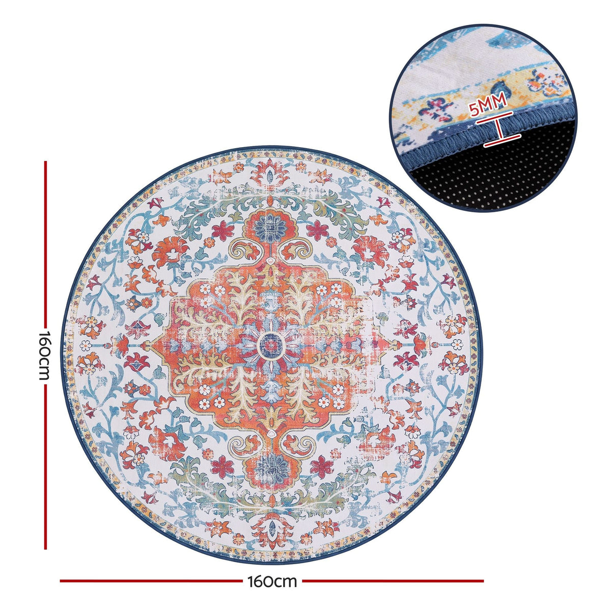 160 cm Round Ultra Thin Silicone Grip Rug for Living Room Bedroom Entryway - Vintage Boho - Home & Garden > Rugs > Round Rugs - Rivercity House & Home Co. (ABN 18 642 972 209) - Affordable Modern Furniture Australia