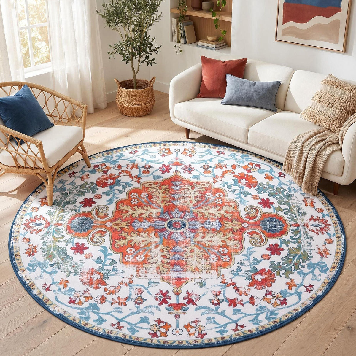 160 cm Round Ultra Thin Silicone Grip Rug for Living Room Bedroom Entryway - Vintage Boho - Home & Garden > Rugs > Round Rugs - Rivercity House & Home Co. (ABN 18 642 972 209) - Affordable Modern Furniture Australia