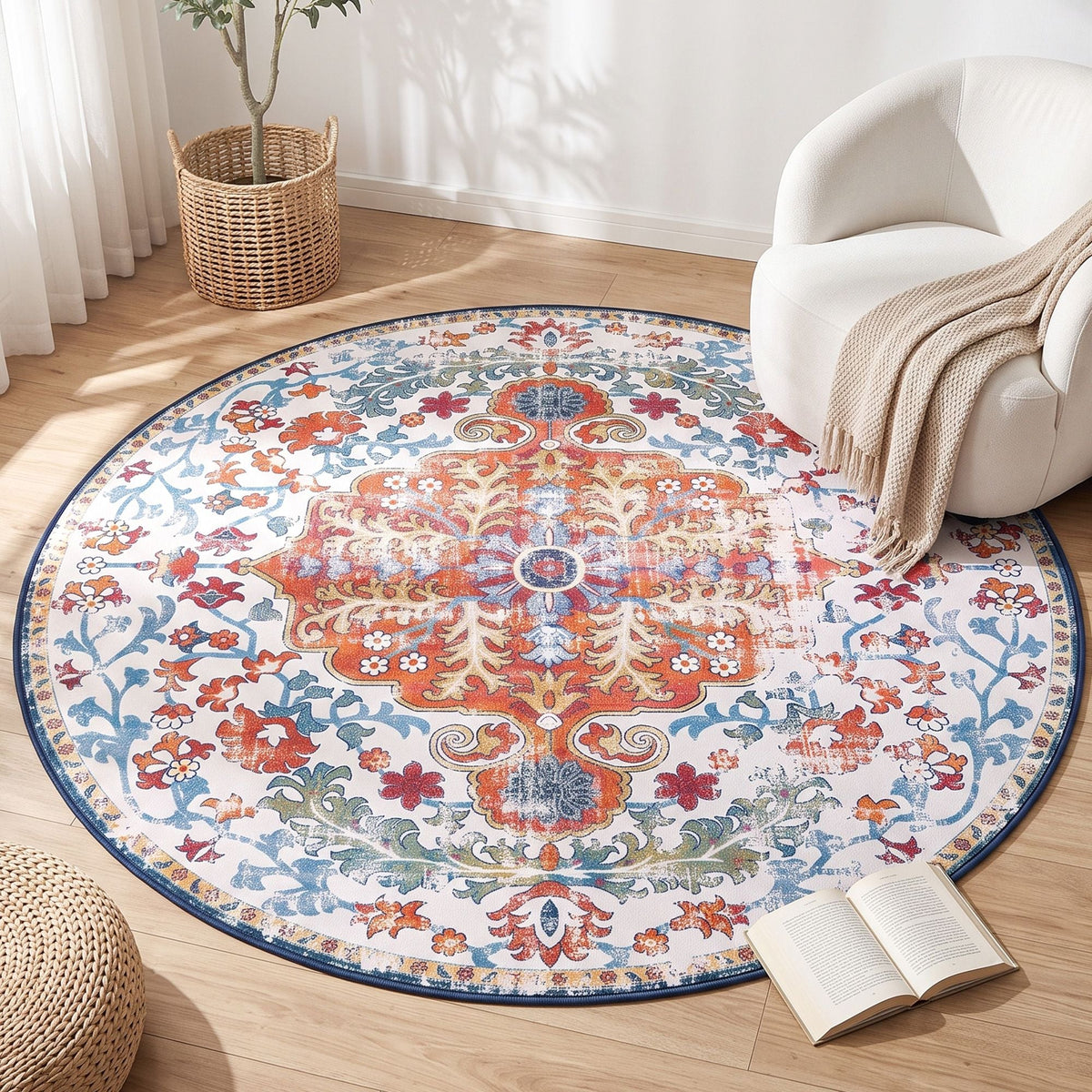 160 cm Round Ultra Thin Silicone Grip Rug for Living Room Bedroom Entryway - Vintage Boho - Home & Garden > Rugs > Round Rugs - Rivercity House & Home Co. (ABN 18 642 972 209) - Affordable Modern Furniture Australia