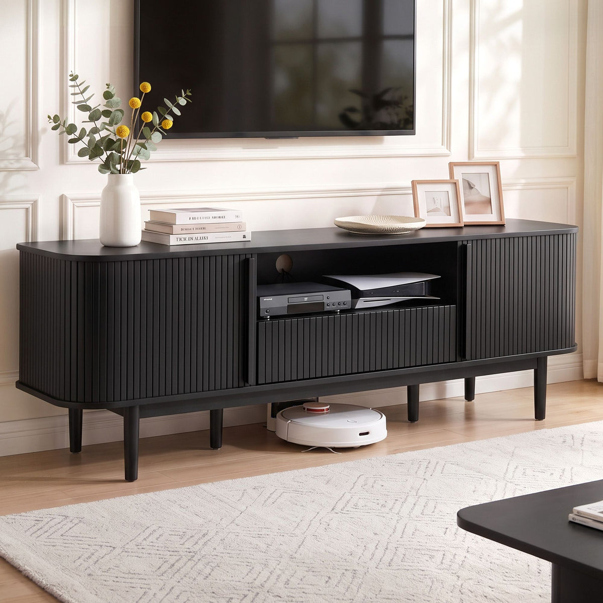 160cm TV Unit with Sliding Fluted Doors and Storage Drawer - Black - Furniture > Living Room > TV Units - Rivercity House & Home Co. (ABN 18 642 972 209) - Affordable Modern Furniture Australia