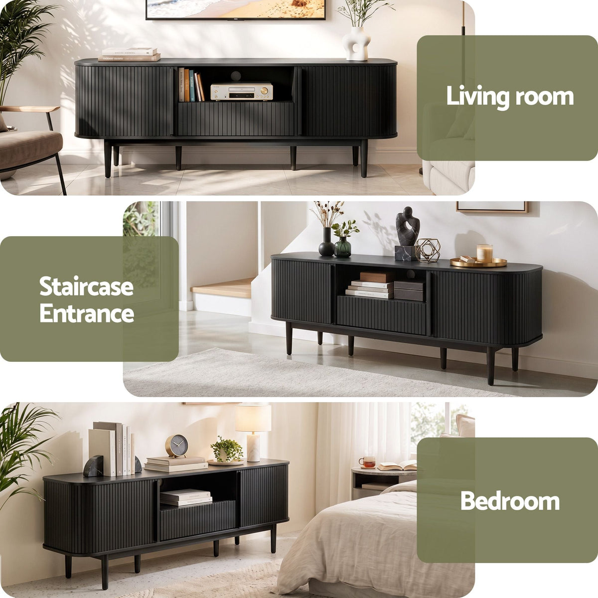 160cm TV Unit with Sliding Fluted Doors and Storage Drawer - Black - Furniture > Living Room > TV Units - Rivercity House & Home Co. (ABN 18 642 972 209) - Affordable Modern Furniture Australia