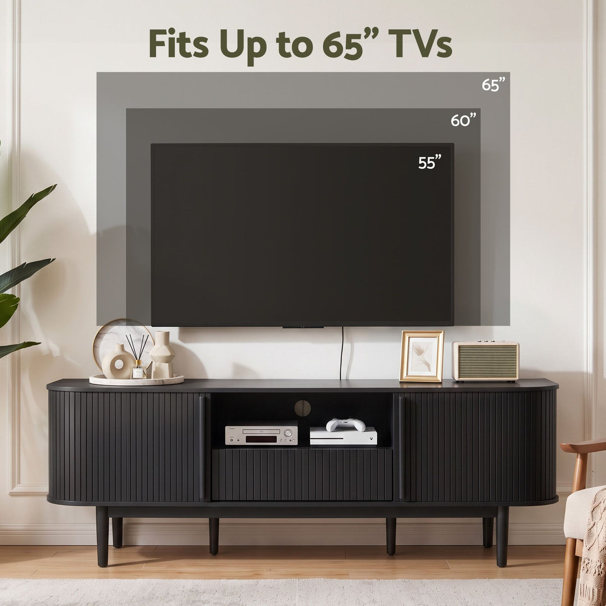 160cm TV Unit with Sliding Fluted Doors and Storage Drawer - Black - Furniture > Living Room > TV Units - Rivercity House & Home Co. (ABN 18 642 972 209) - Affordable Modern Furniture Australia