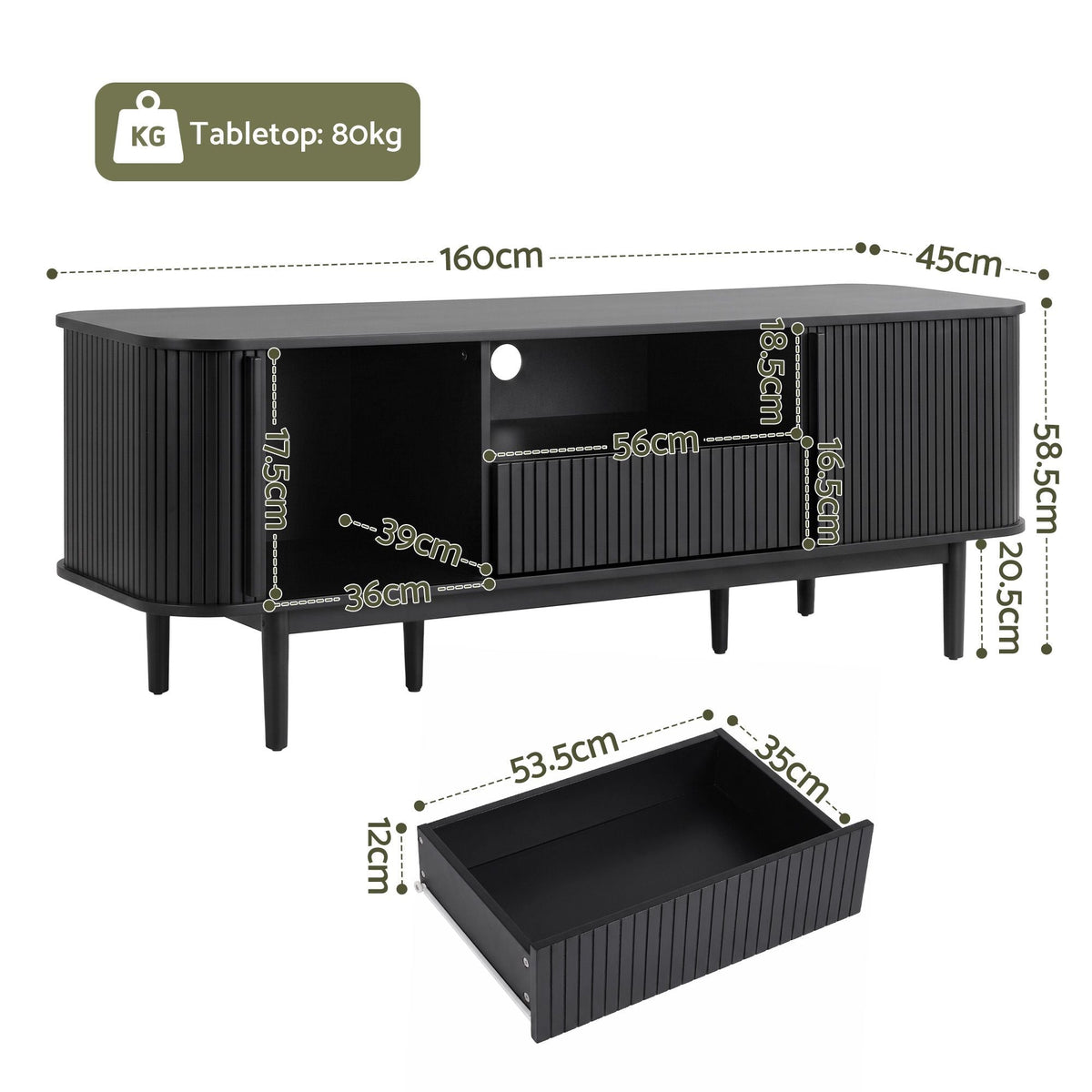 160cm TV Unit with Sliding Fluted Doors and Storage Drawer - Black - Furniture > Living Room > TV Units - Rivercity House & Home Co. (ABN 18 642 972 209) - Affordable Modern Furniture Australia