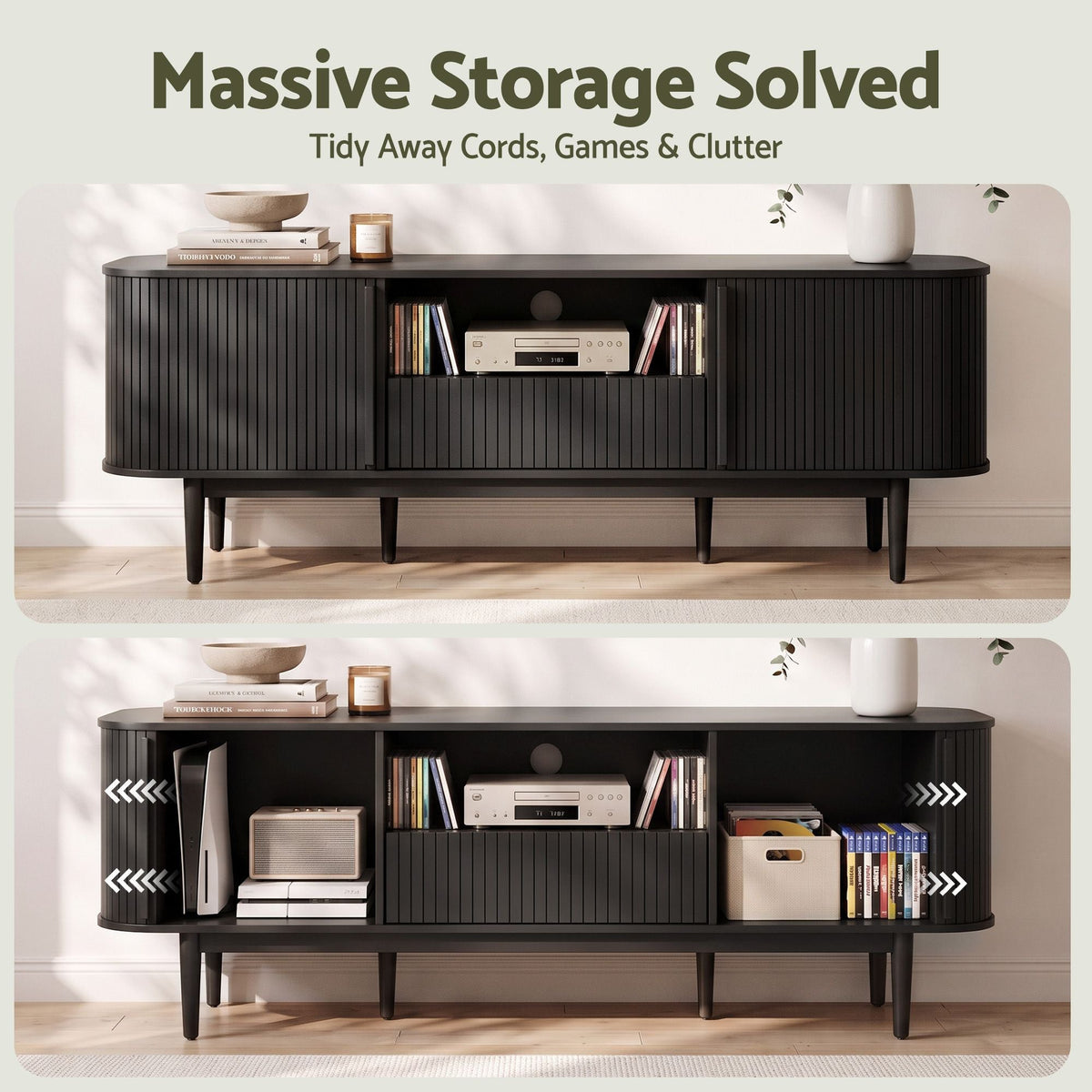 160cm TV Unit with Sliding Fluted Doors and Storage Drawer - Black - Furniture > Living Room > TV Units - Rivercity House & Home Co. (ABN 18 642 972 209) - Affordable Modern Furniture Australia