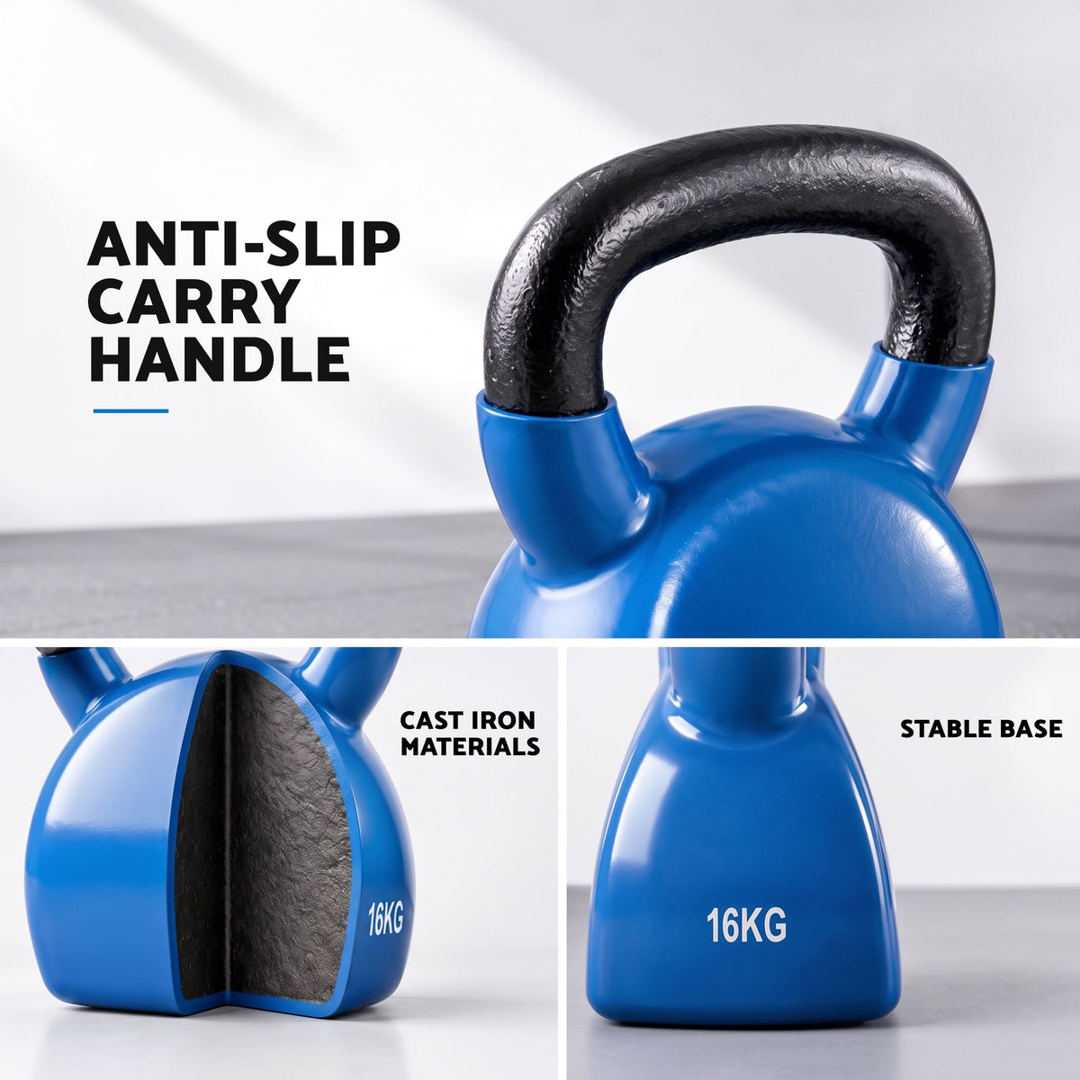 16kg Cast Iron Kettlebell with PVC Neoprene Coating - Blue - Sports & Fitness > Exercise, Gym & Fitness > Free Weights - Rivercity House & Home Co. (ABN 18 642 972 209) - Affordable Modern Furniture Australia