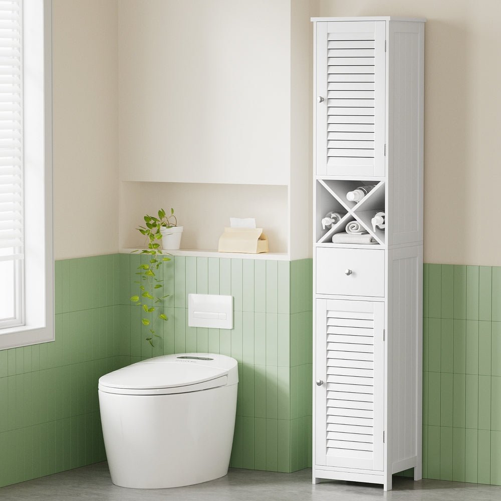 170cm Tall Slim Bathroom Storage Cabinet with Adjustable X - Shape Shelves and Louver Door - White - Furniture > Bathroom > Bathroom Cabinets, Cupboards & Storage - Rivercity House & Home Co. (ABN 18 642 972 209) - Affordable Modern Furniture Australia