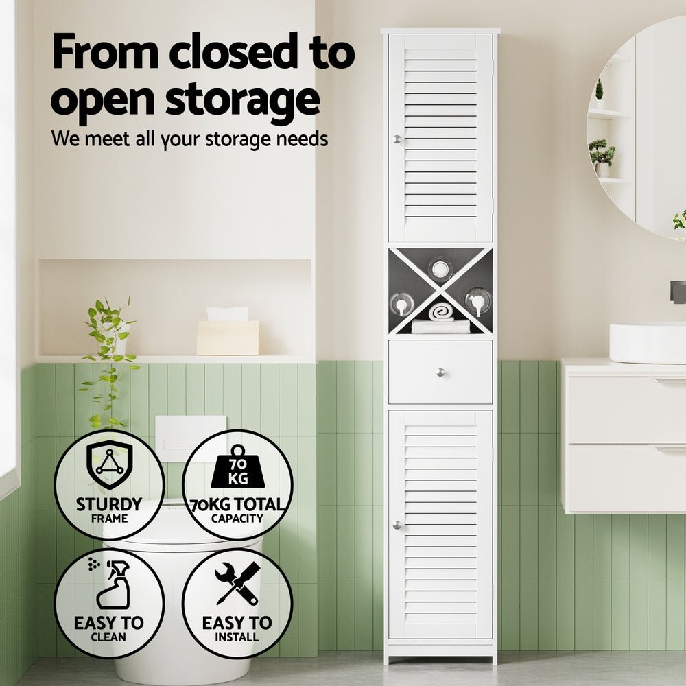 170cm Tall Slim Bathroom Storage Cabinet with Adjustable X - Shape Shelves and Louver Door - White - Furniture > Bathroom > Bathroom Cabinets, Cupboards & Storage - Rivercity House & Home Co. (ABN 18 642 972 209) - Affordable Modern Furniture Australia